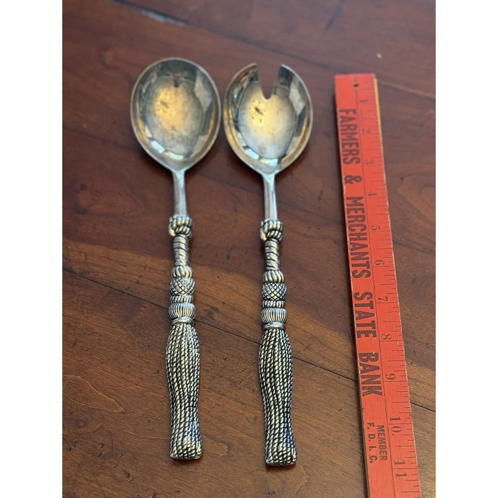 Vintage Silea Silver Plated Salad Serving Set Spoon Fork Rope Tassel 11